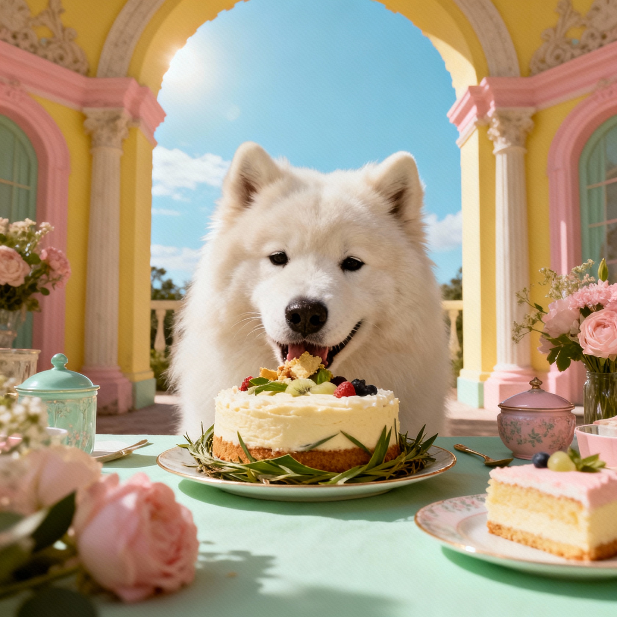 Cão Samoieda branco desfrutando do bolo natural